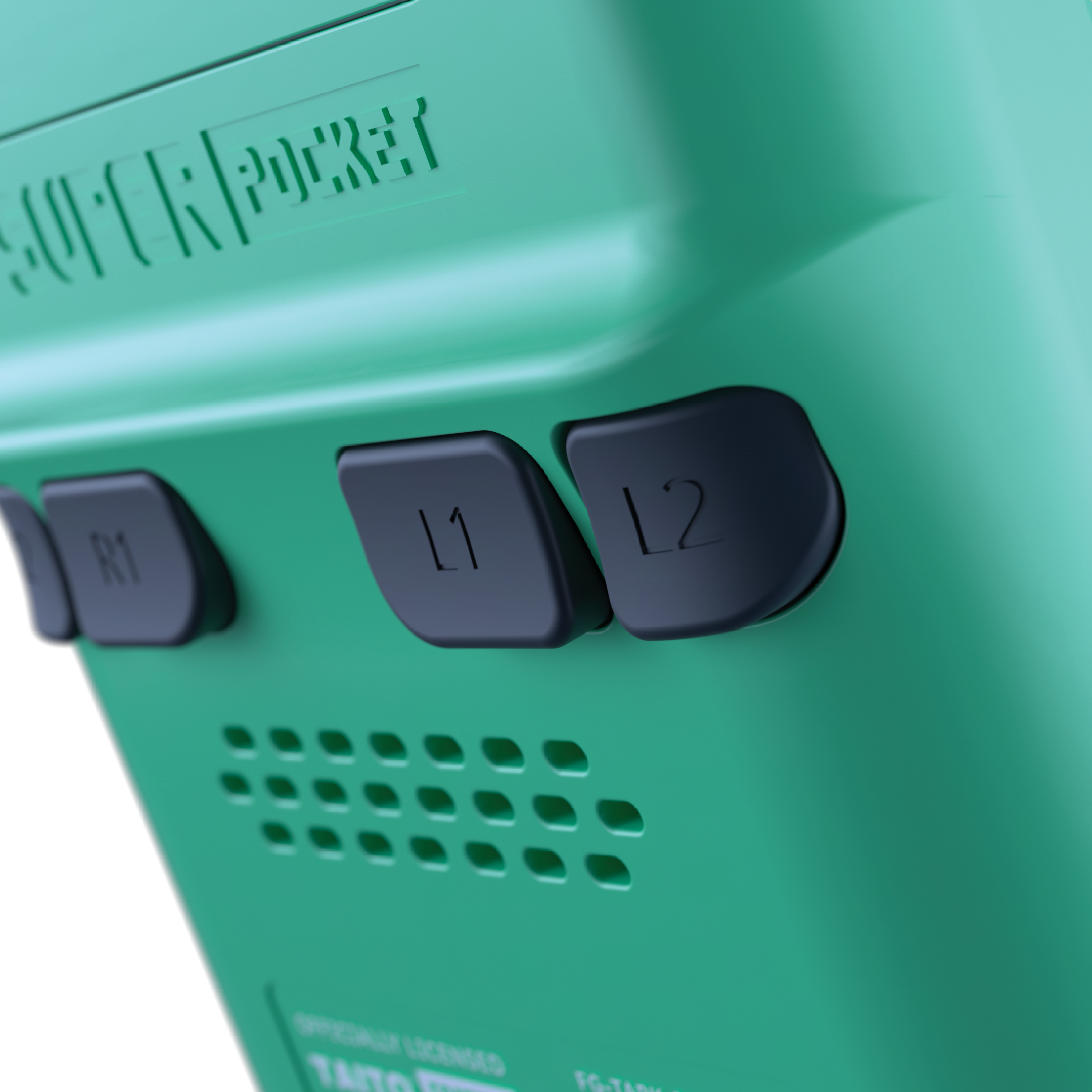 Nahaufnahme einer mintgrünen Handheld-Konsole mit schwarzen Knöpfen und einem Lüftungsschlitz.