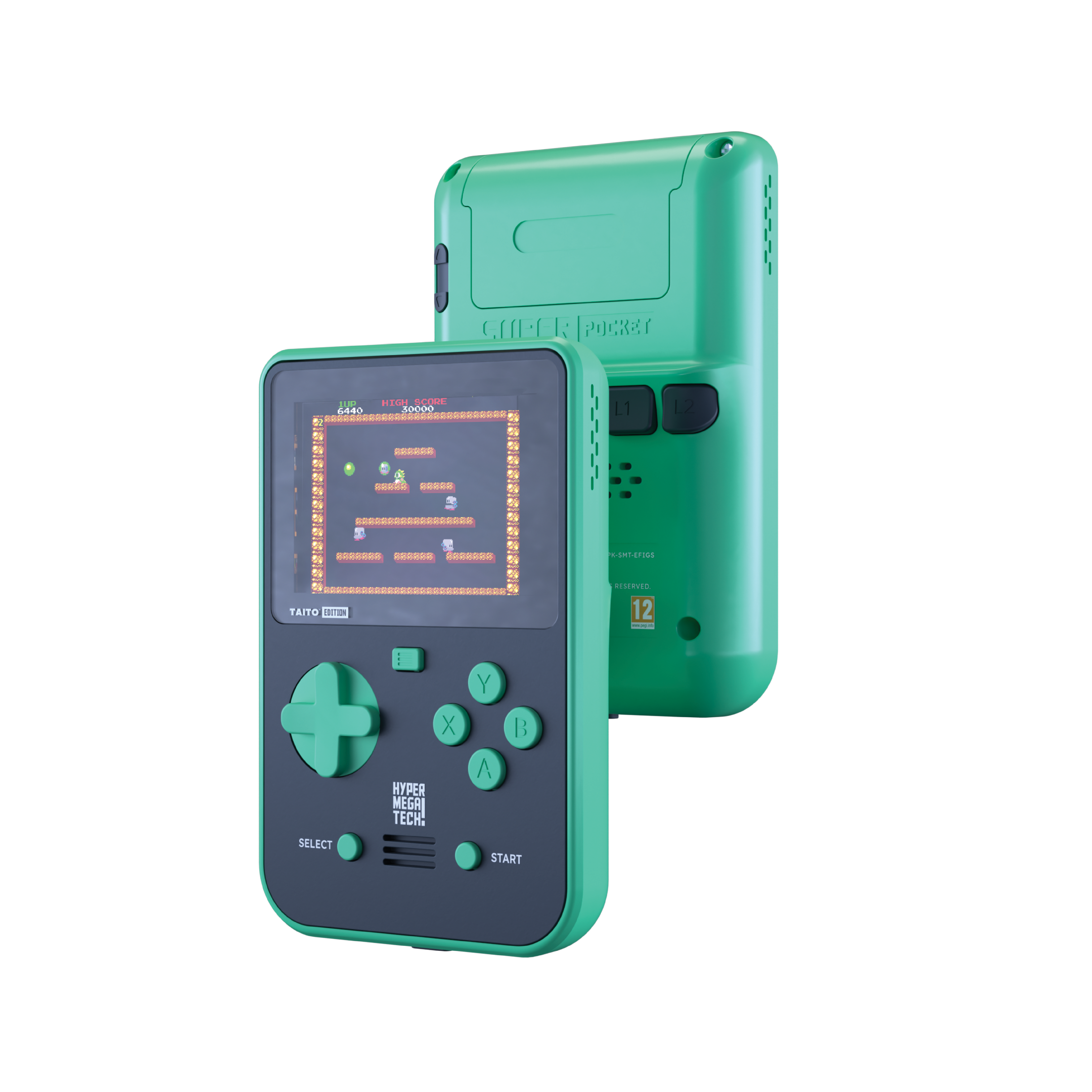 Grüne Handheld-Konsole spielt ein Spiel, eine weitere rechts.