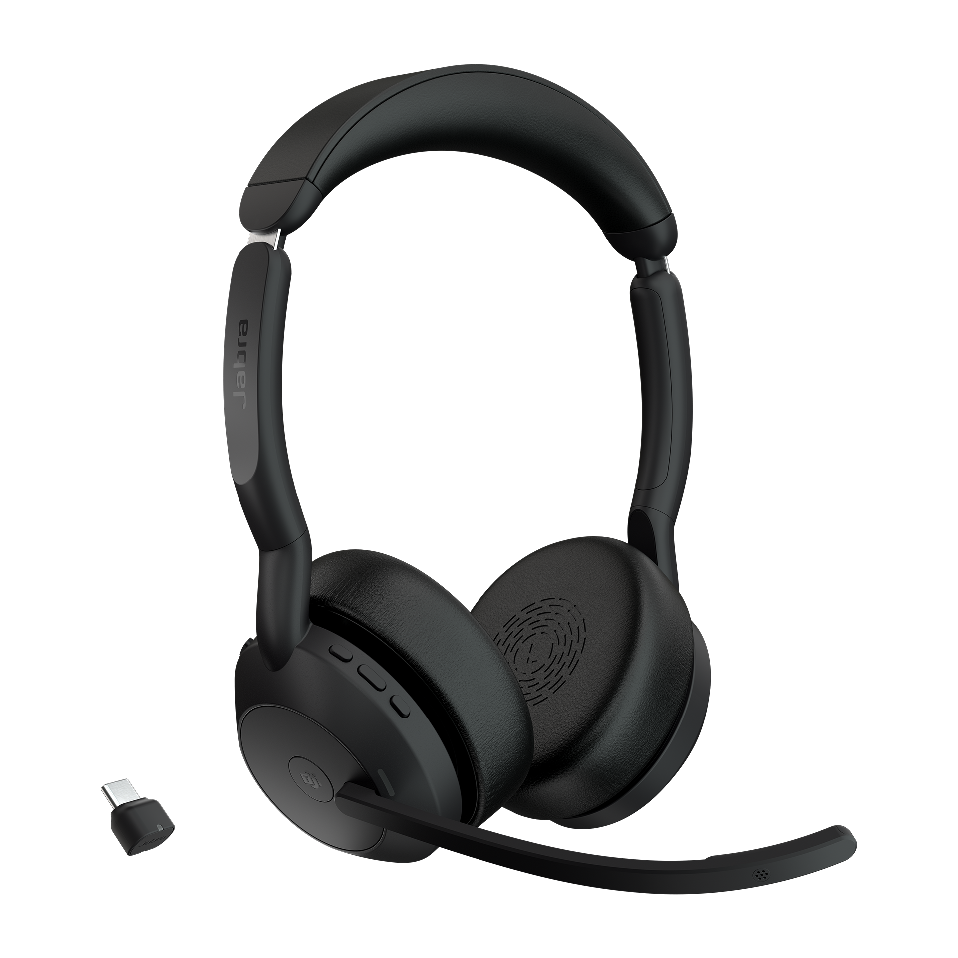 Schwarzes Jabra-Headset mit Mikrofon und USB-C-Dongle. Der Hintergrund ist schwarz.