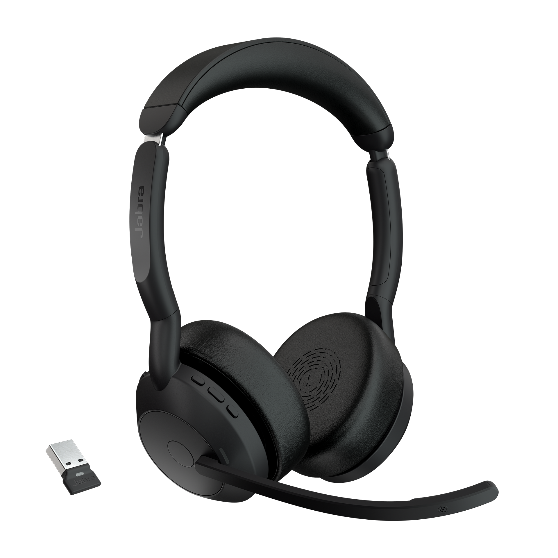 Schwarzes drahtloses Jabra-Headset und USB-Dongle auf schwarzem Hintergrund.
