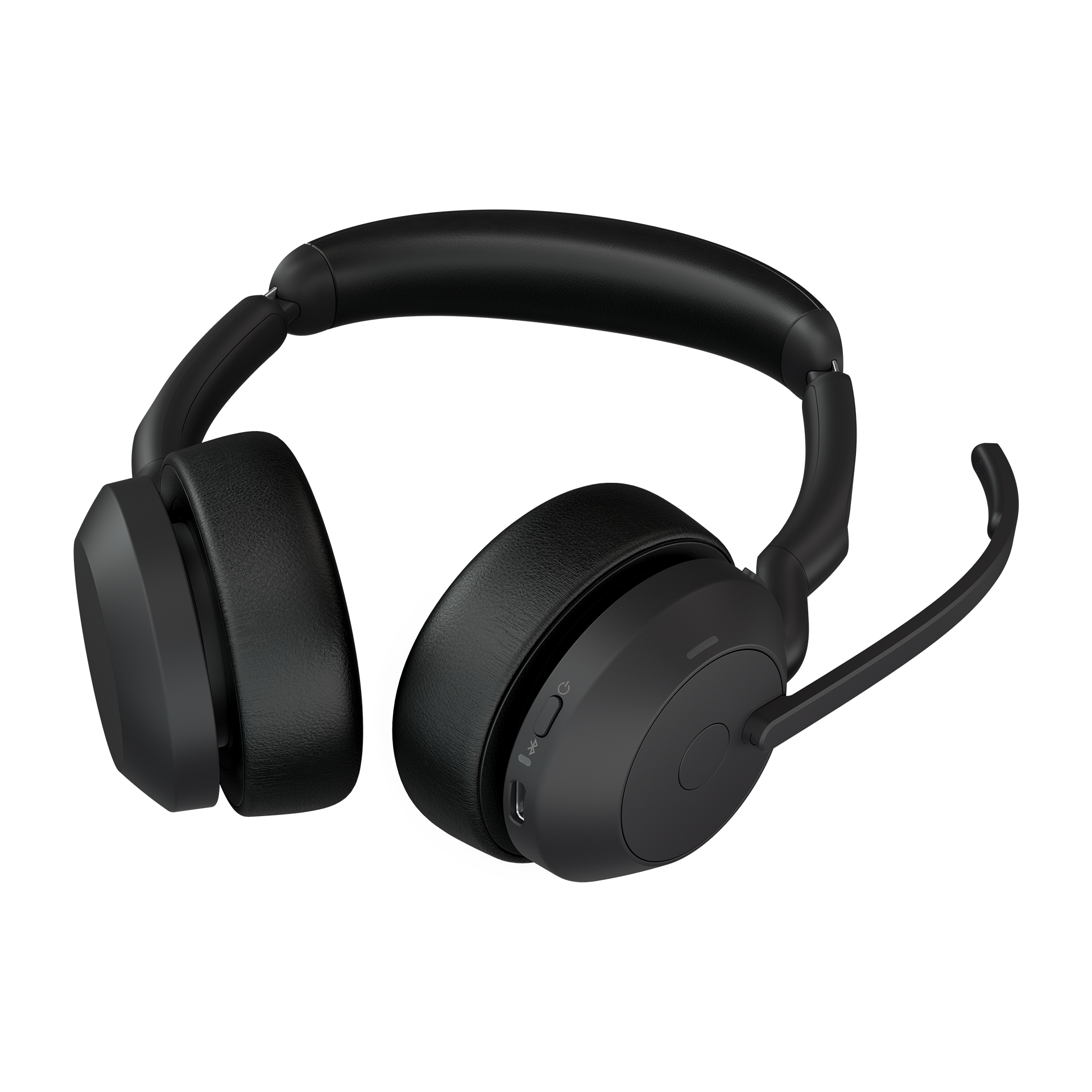 Schwarzes Headset mit Mikrofon und USB-Empfänger, auf Weiß.