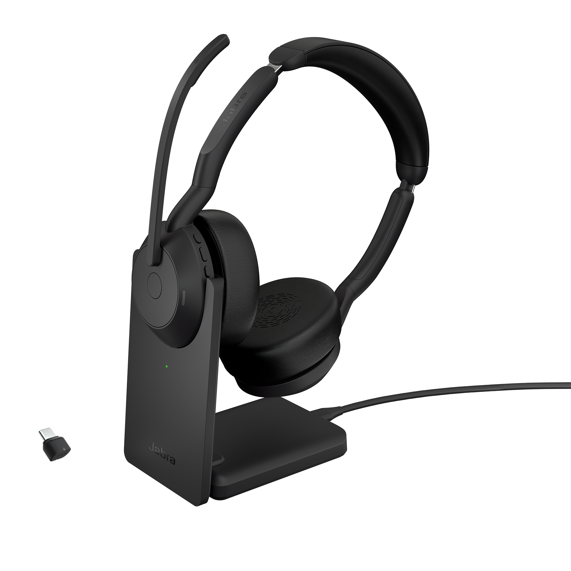 Schwarzes Headset mit Ladestation. Das Headset hat ein Mikrofon und ruht auf einem Ständer.