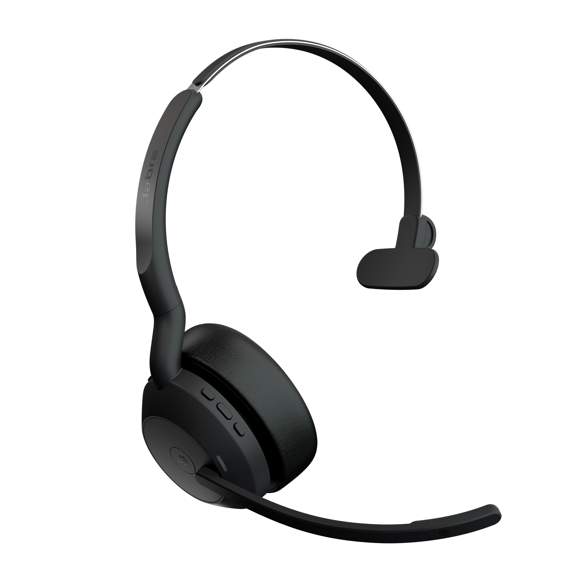 Ein schwarzes Jabra-Headset mit Mikrofonarm, für Kommunikation, auf schwarzem Hintergrund.