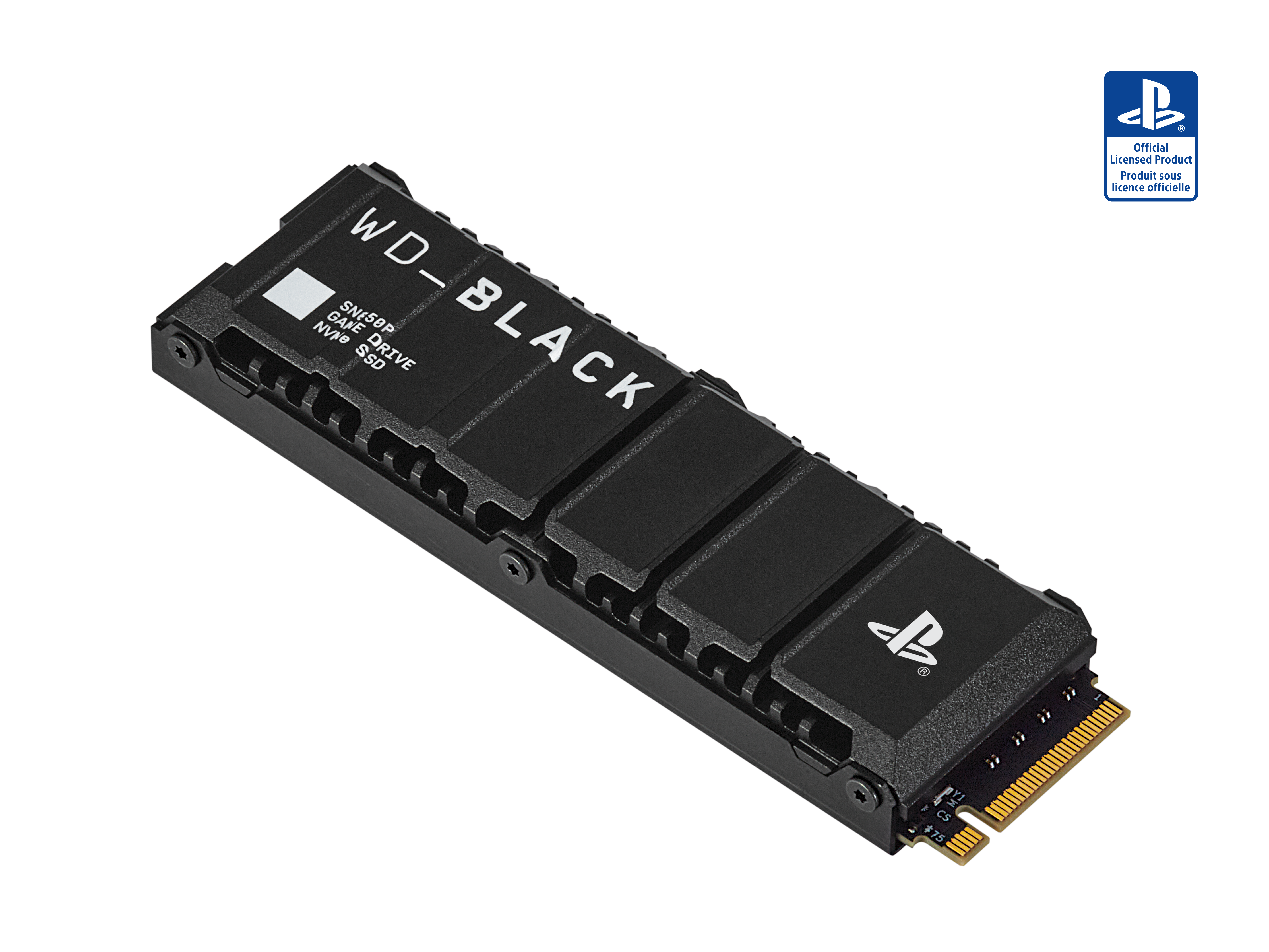 Schwarze WD_BLACK SN850P Game Drive NVMe SSD mit PlayStation-Logo.