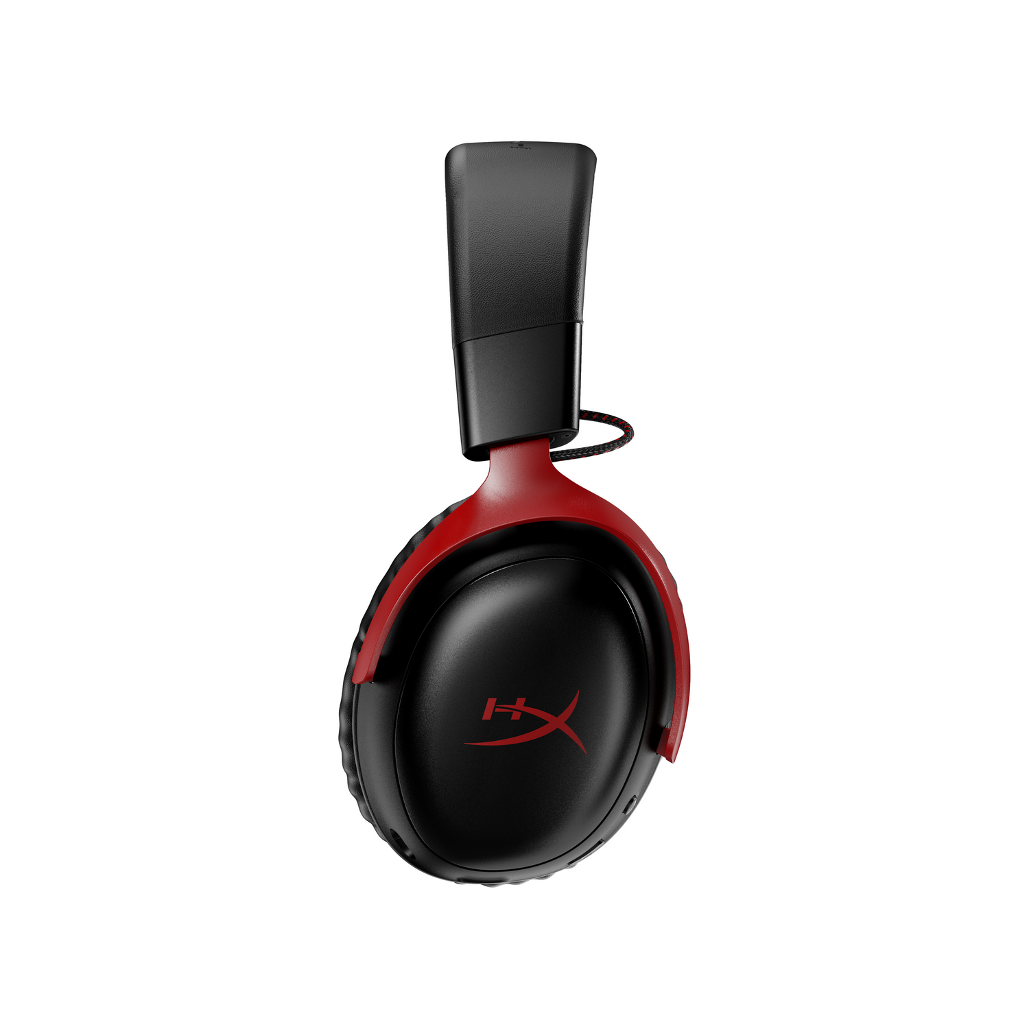Zwarte en rode gamingheadset met rood logo op de oorschelpen.