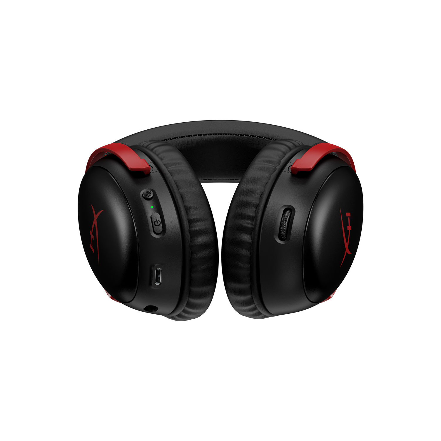Zwarte en rode HyperX-koptelefoon op een witte achtergrond.