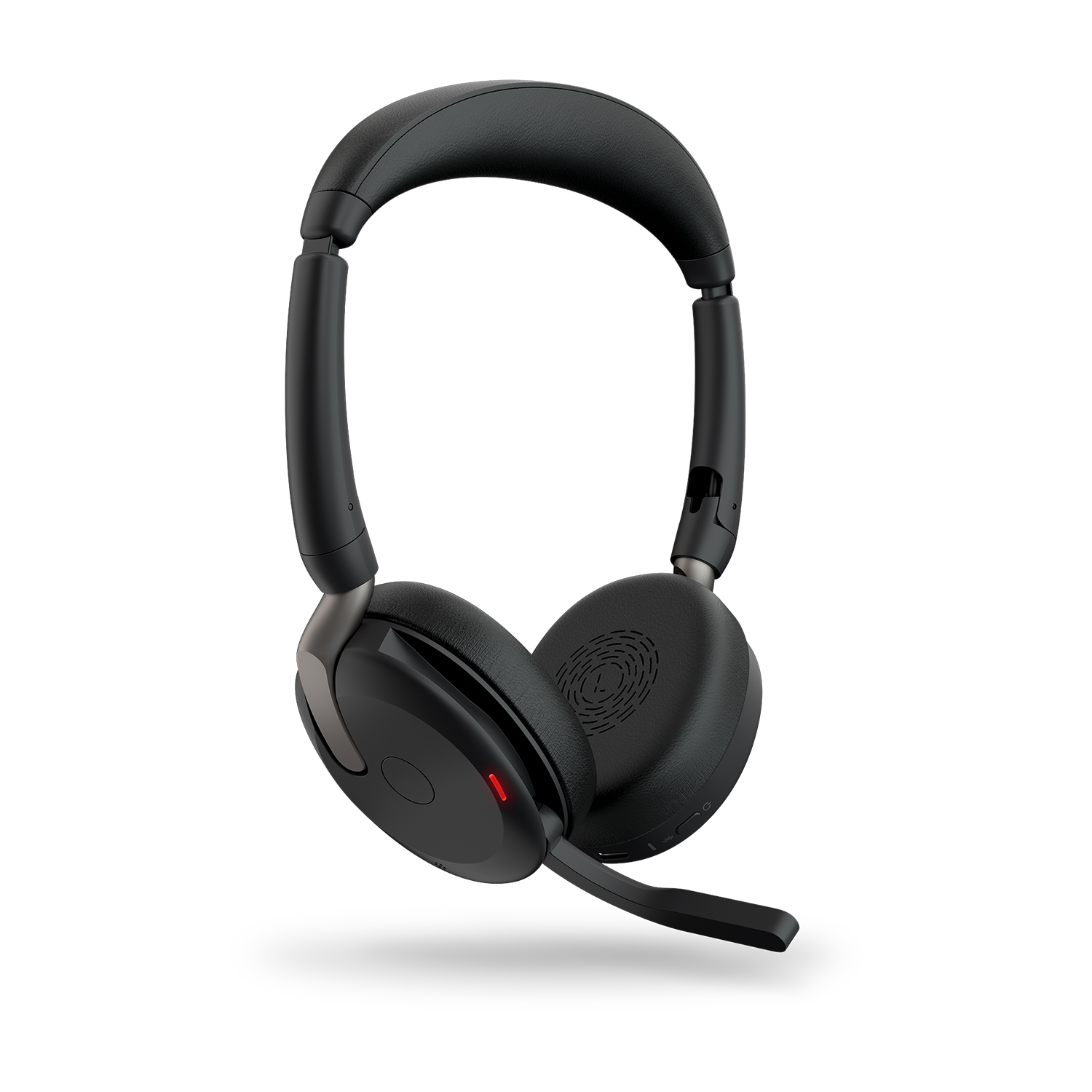 Schwarzes Headset mit Mikrofon, abgewinkelt vor schwarzem Hintergrund.
