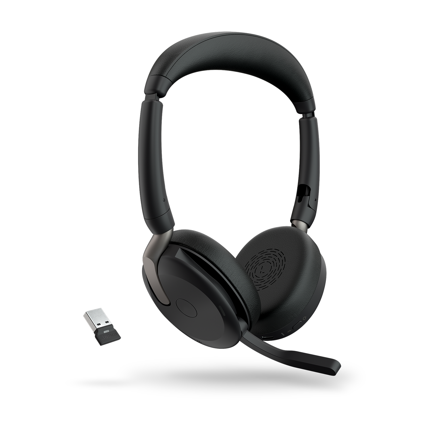 Schwarzes drahtloses Headset und USB-Empfänger. Ohrmuscheln und Mikrofon sind sichtbar. Schwarzer Hintergrund.
