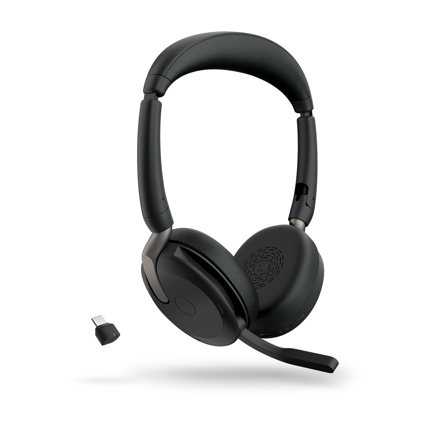 Ein schwarzes Headset mit Mikrofon und einem kleinen USB-Empfänger.