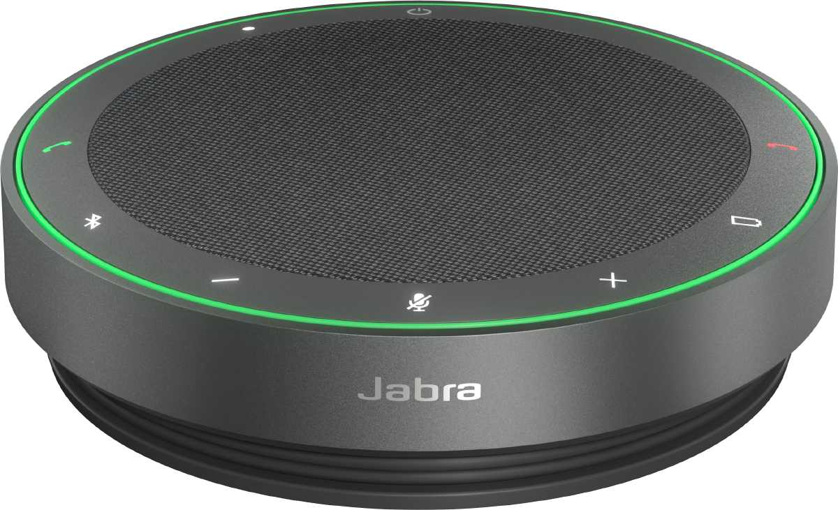 Schwarzes Jabra-Freisprechtelefon. Es hat einen grünen Ring, Tasten und das Jabra-Logo.