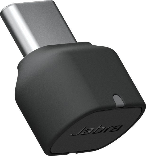 Schwarzer Jabra USB-C-Adapter. Grauer USB-C-Kopf. Jabra-Logo auf dem schwarzen Kunststoff.