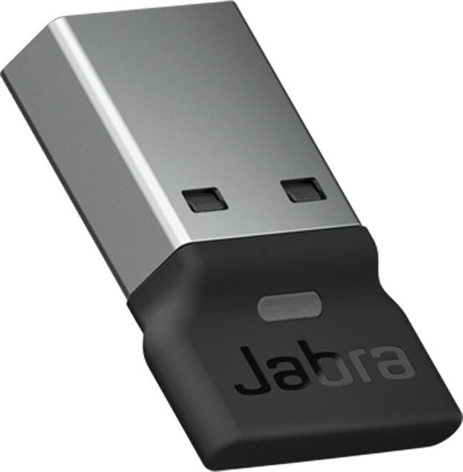 USB-Dongle, Marke Jabra, schwarze Basis, silberner Aufsatz. Angeschrägt, Nahaufnahme.