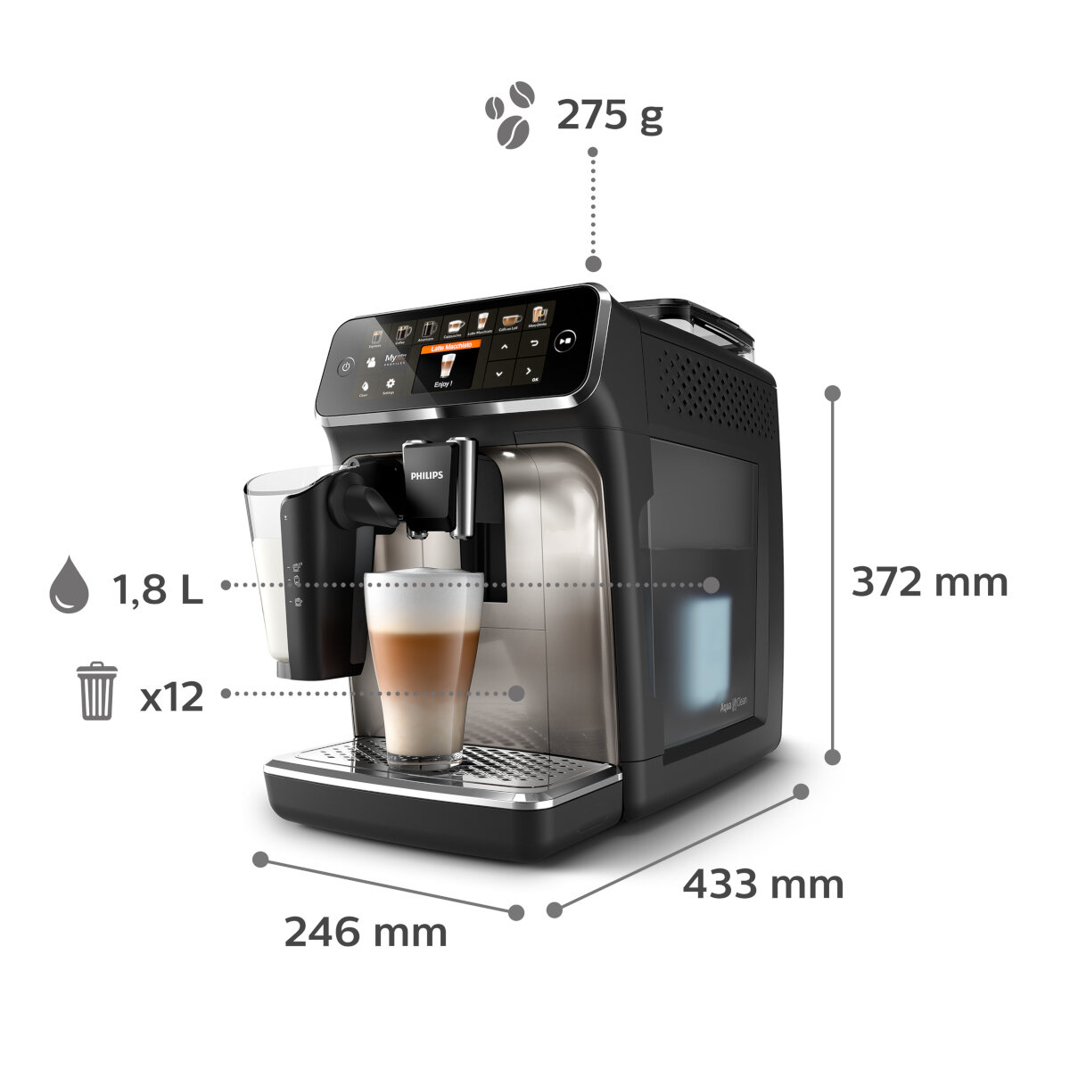 Ekspres do kawy Philips z filiżanką latte i zaznaczonymi wymiarami.