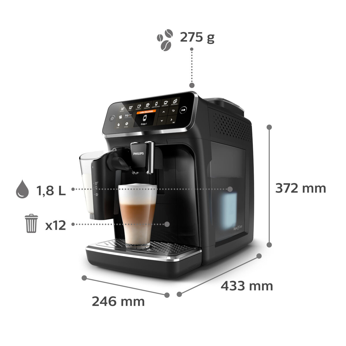 Czarny ekspres do kawy Philips z spieniaczem do mleka i wymiarami pokazanymi na zdjęciu.