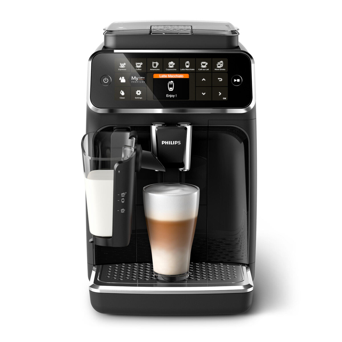 Czarny ekspres do kawy Philips. Posiada pojemnik na mleko i szklankę z latte macchiato.