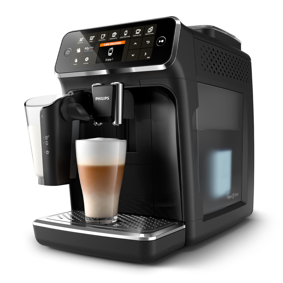 Czarny ekspres do kawy Philips z szklanką latte macchiato w trakcie przygotowywania.