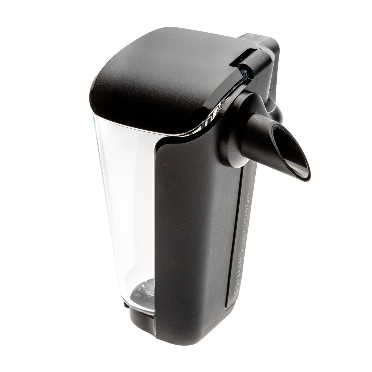 Czarny, przezroczysty pojemnik z wylewką, prawdopodobnie do ekspresu do kawy.