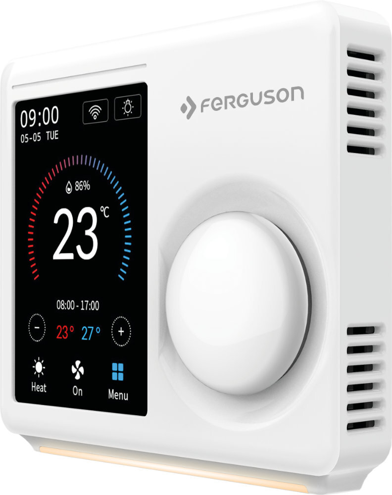 Biały termostat Ferguson z wyświetlaczem cyfrowym.