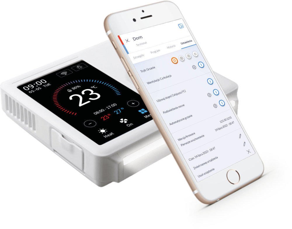 Biały termostat ze smartfonem pokazującym ustawienia na rozmytym białym tle.