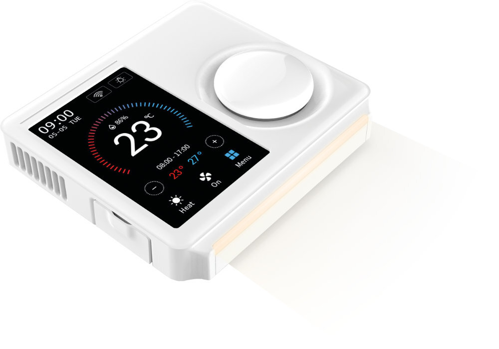 Biały inteligentny termostat z ekranem wyświetlającym ustawienia i kontrolki.