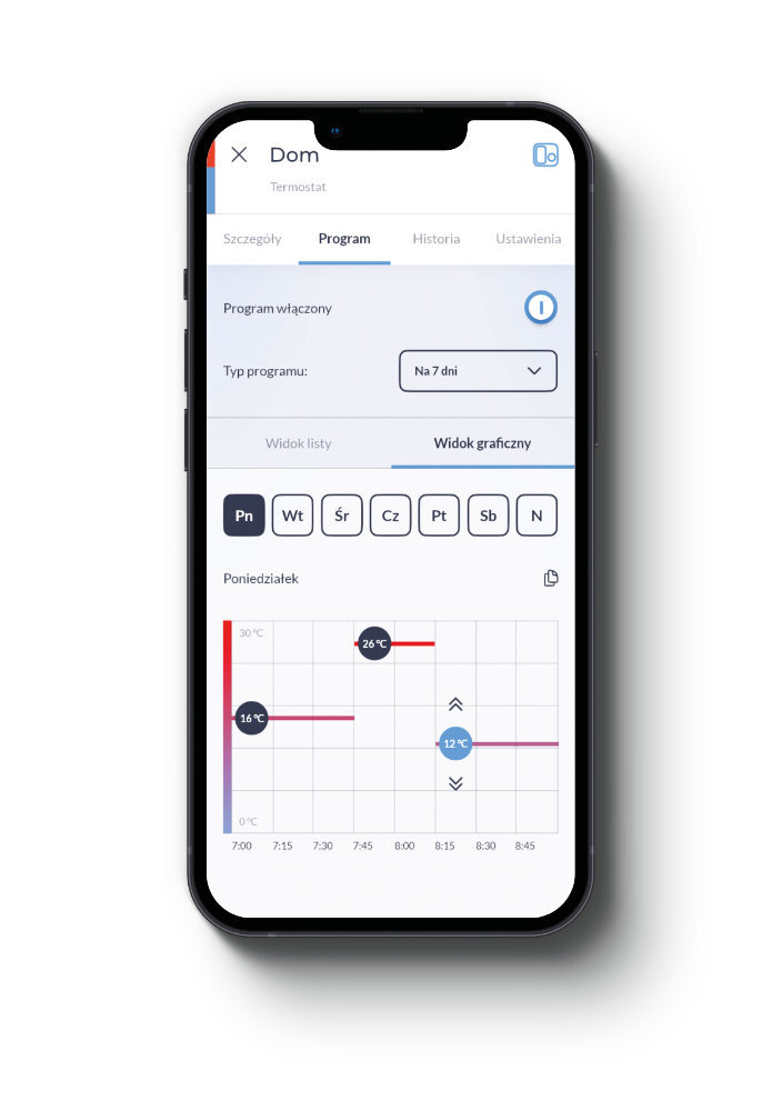 Ekran smartfona z interfejsem aplikacji termostatu, wykresem temperatury i opcjami ustawień.