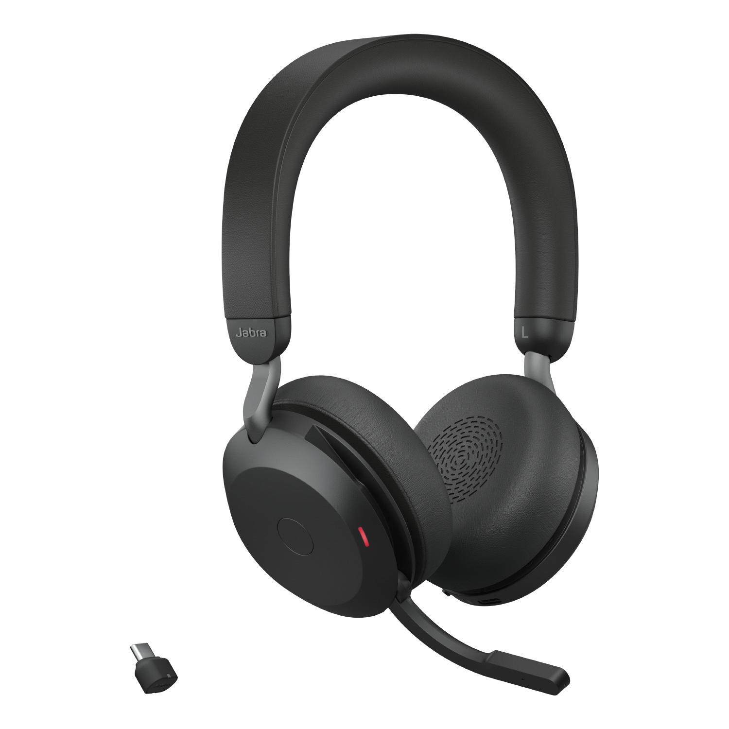 Schwarzes Jabra-Headset mit Mikrofon und USB-C-Kabel.