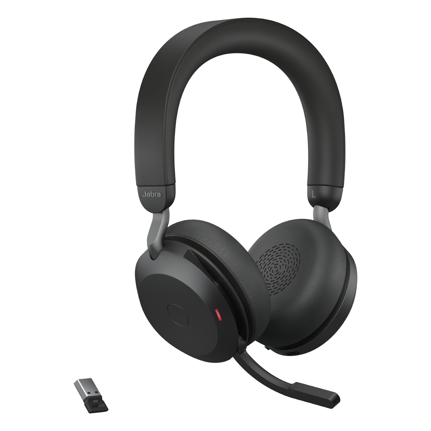 Schwarzes Jabra-Headset mit Mikrofon und USB-Dongle.