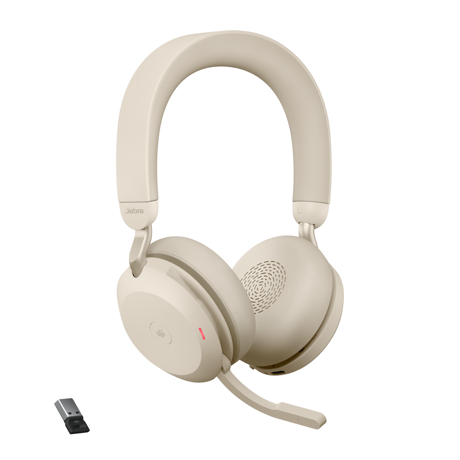 Beige kabellose Kopfhörer mit Mikrofon und USB-Dongle.