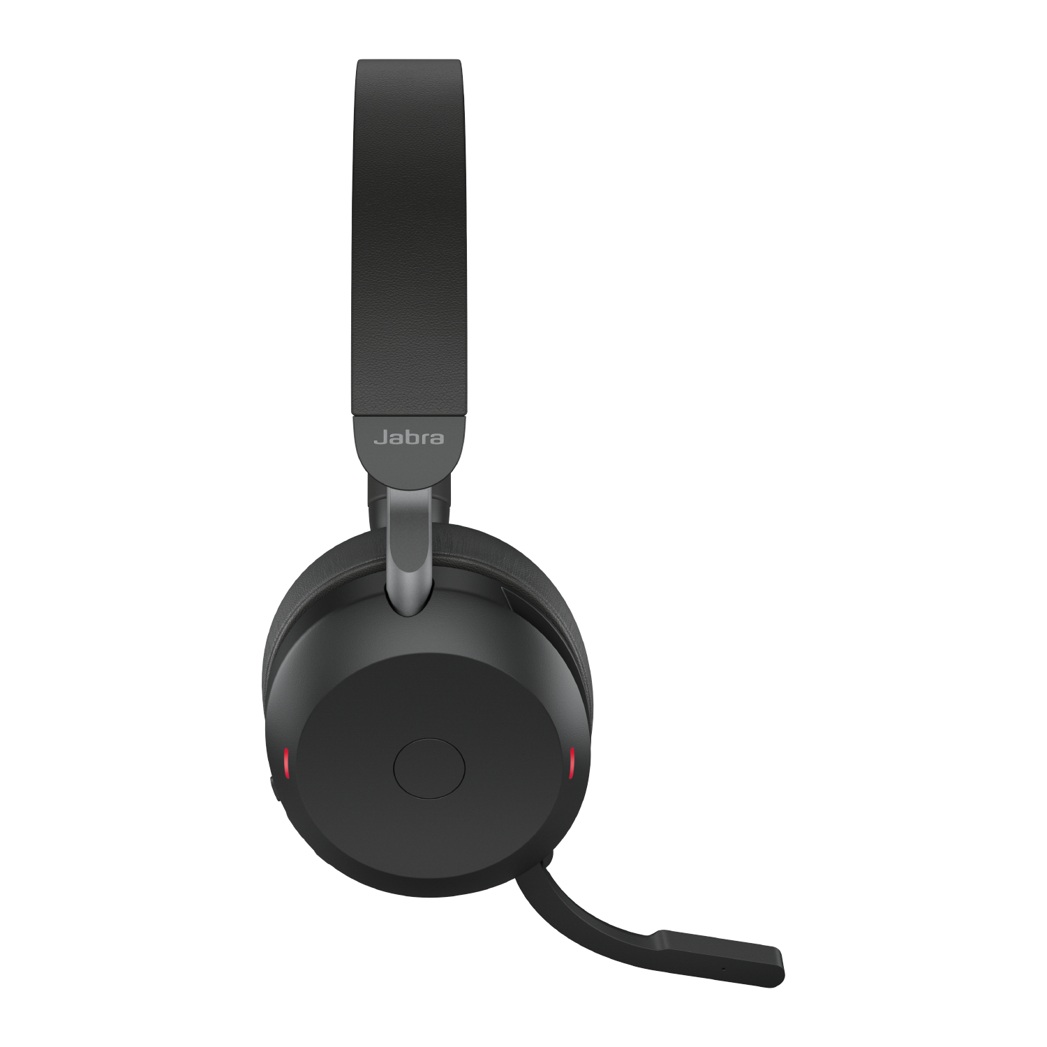 Schwarzes Jabra-Headset, Mikrofon nach unten geneigt, mit roter Lichtanzeige, auf schwarzem Hintergrund.