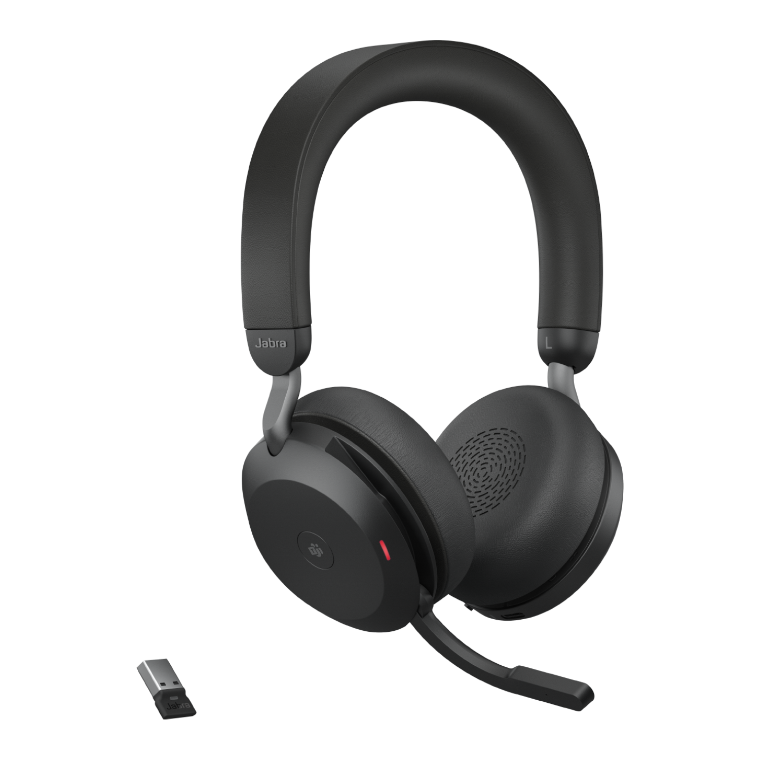 Schwarze Jabra-Kopfhörer mit Mikrofon und USB-Dongle auf schwarzem Hintergrund.