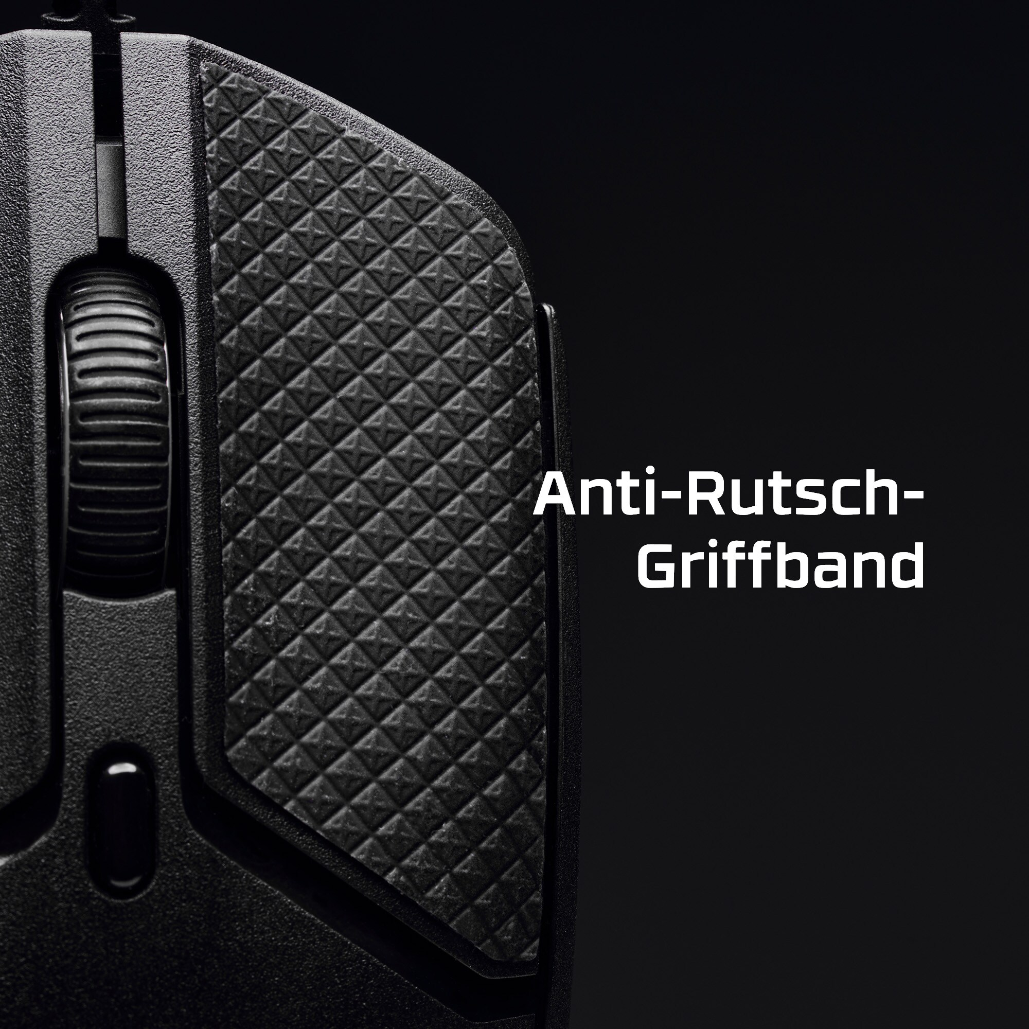 Nahaufnahme einer schwarzen Computermaus mit Anti-Rutsch-Griff-Text.