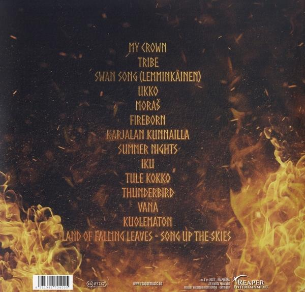 Albumcover mit Songtiteln und feurigem Hintergrund. Text ist weiß.