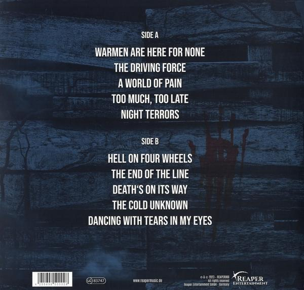 Rückseite eines Musikalbums mit Titeln. Text in Weiß auf dunklem, holzähnlichem Hintergrund.