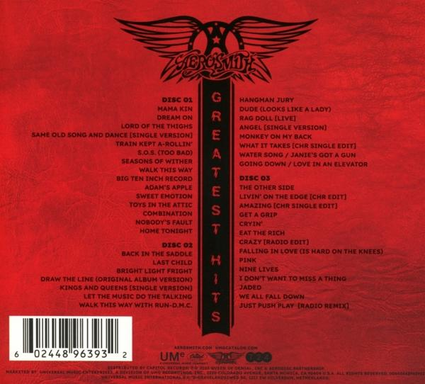 Rückseite eines Aerosmith Greatest Hits CD-Albums. Mehrere Songtitel sind sichtbar.