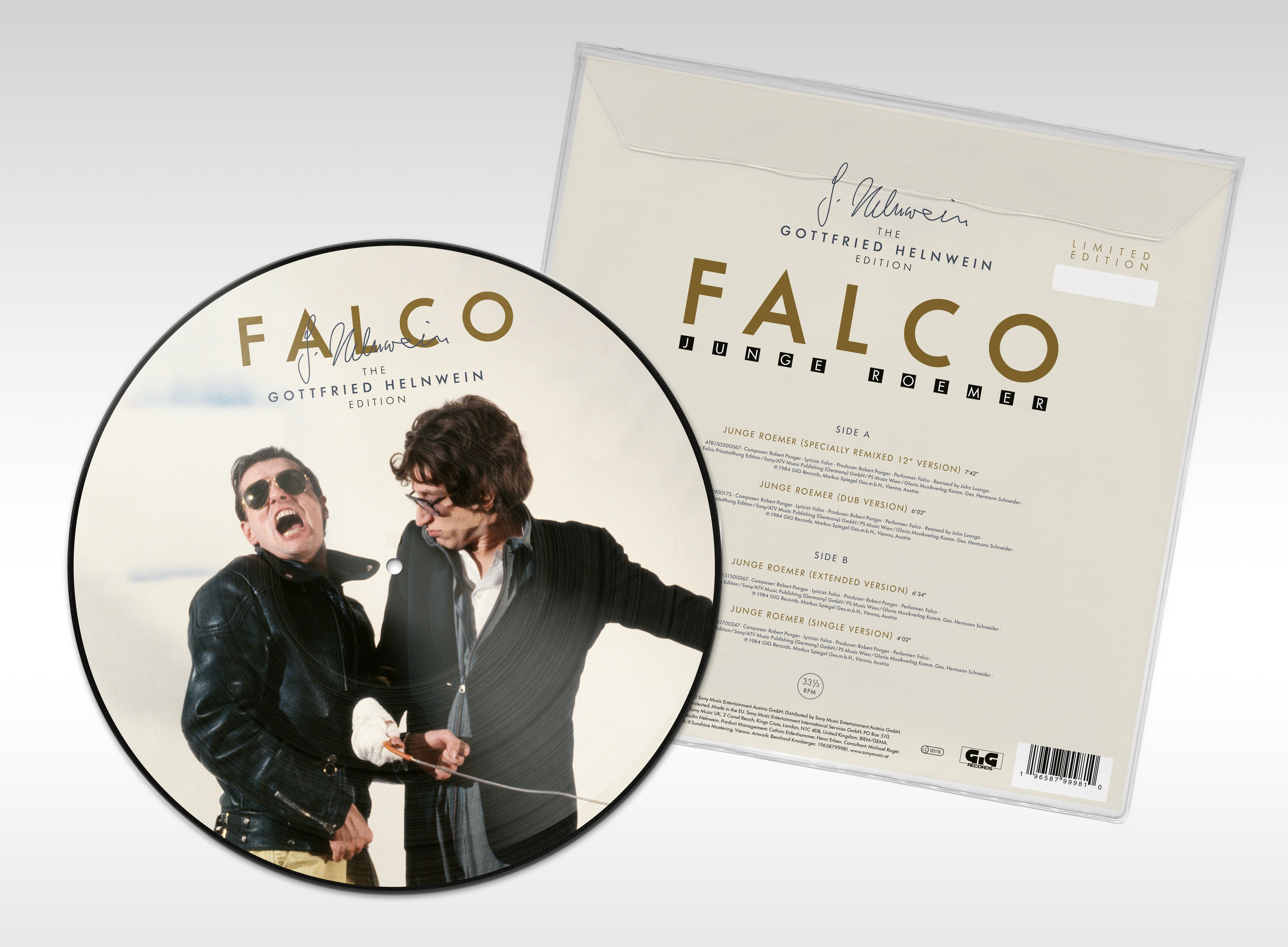 Albumcover von Falco mit einem Bild von ihm und einer Schallplatte.