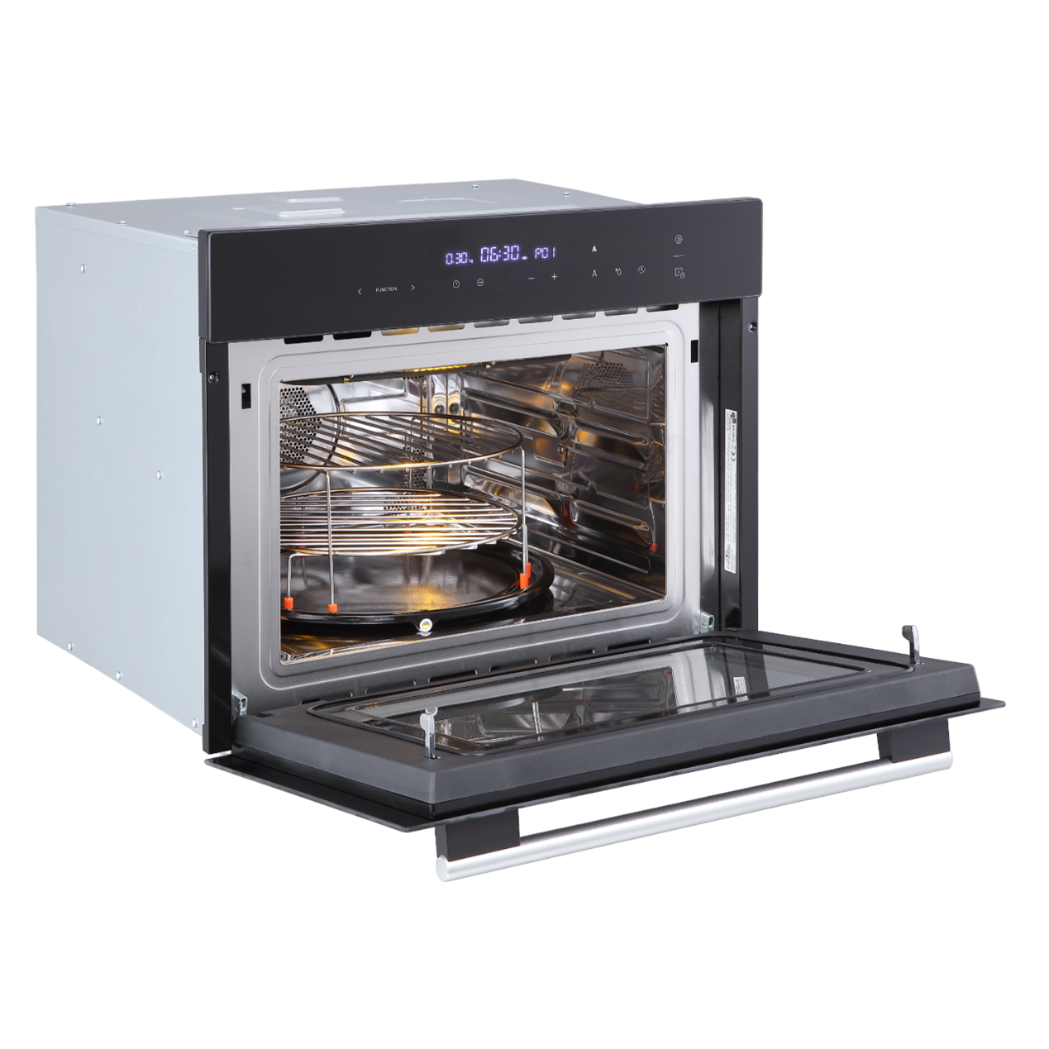 Open magnetron met zichtbaar interieur, zwart en zilver design.