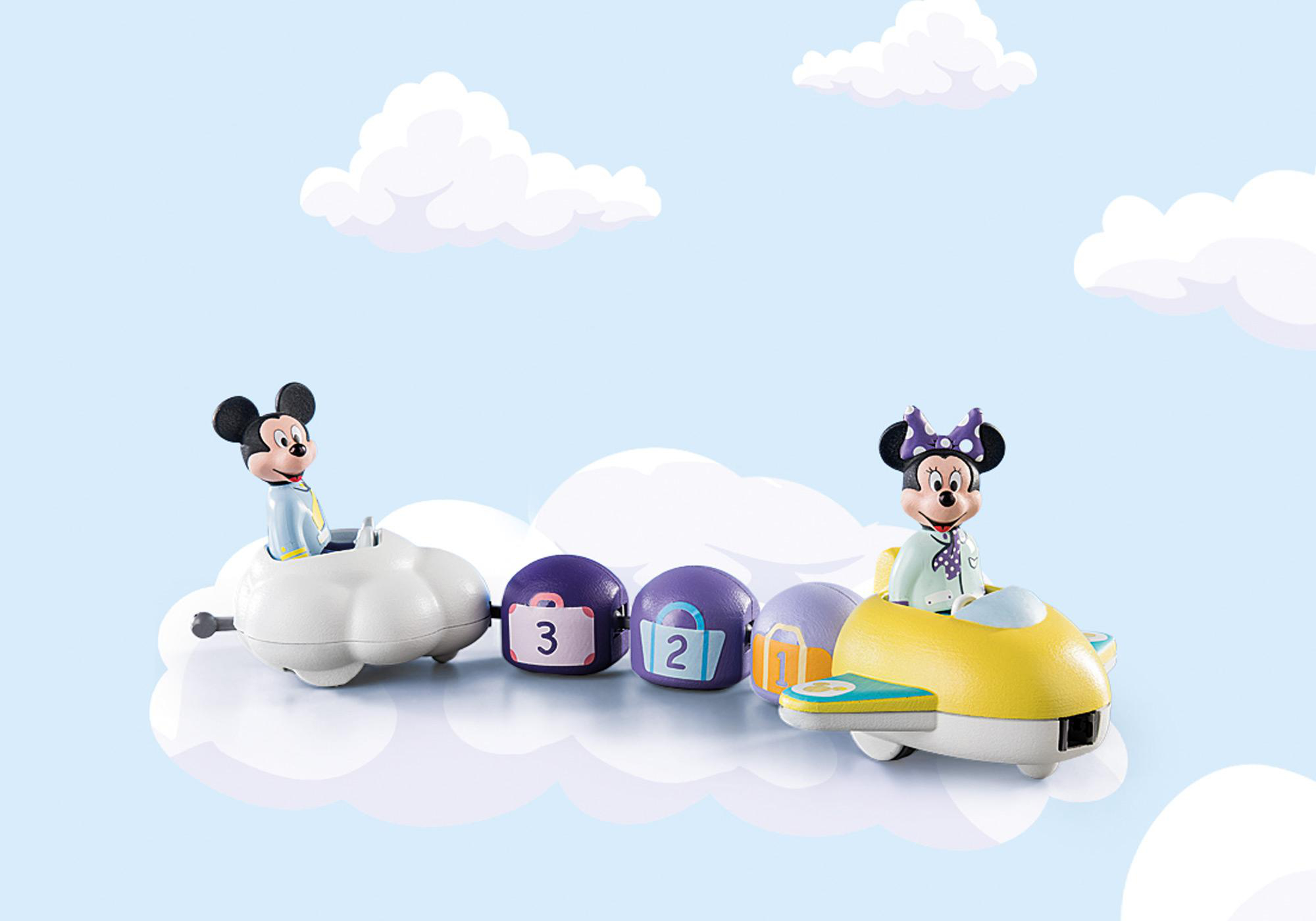 Mickey und Minnie Maus in Spielzeugflugzeugen und Gepäck.