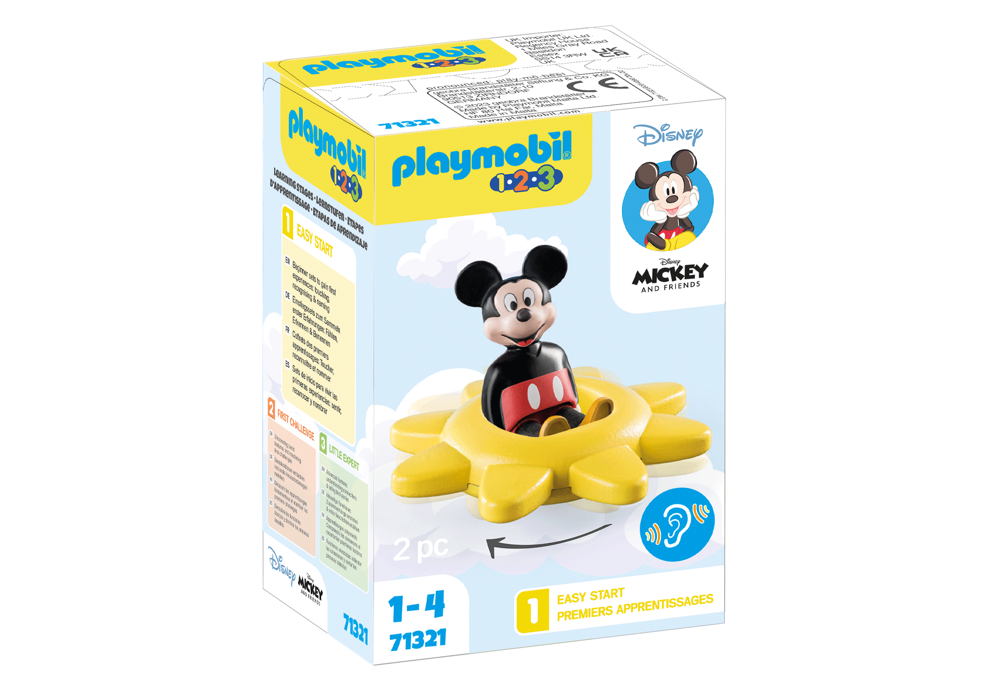 Schachtel mit Mickey Mouse Spielzeug und sonnenförmiger Basis, mit Disney Logo.
