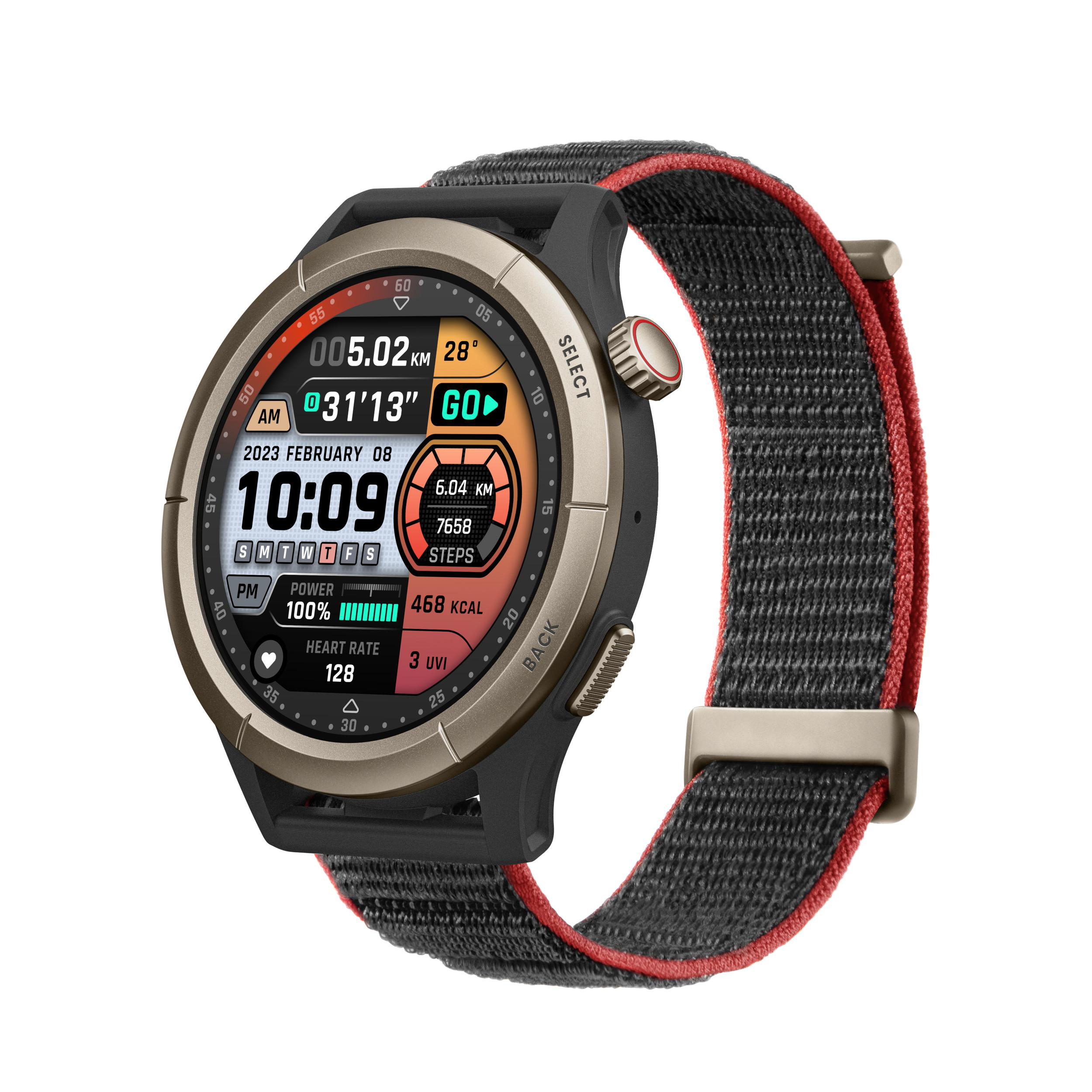 Smartwatch mit Daten, schwarzes Band mit roter Verzierung, goldene Lünette.