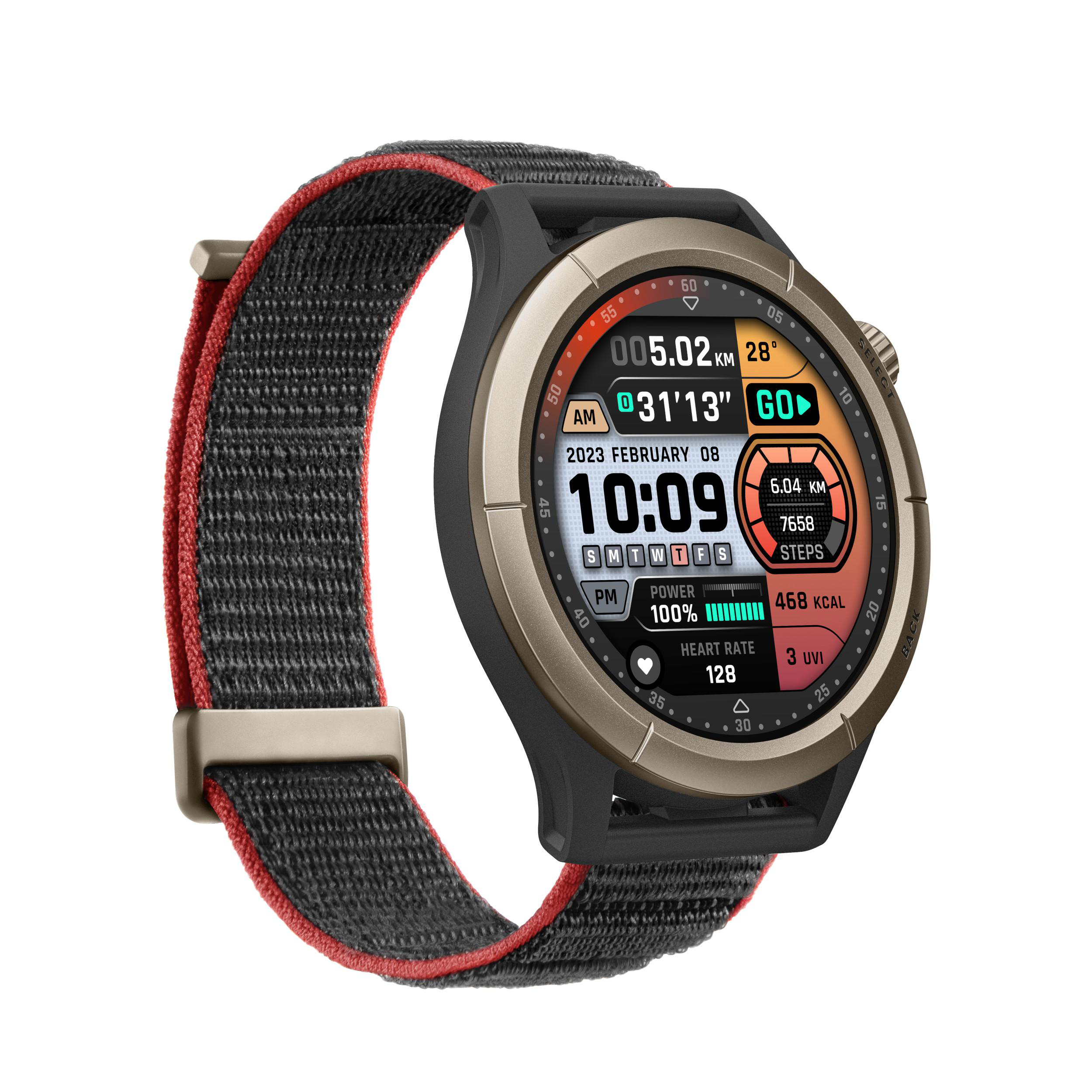 Smartwatch mit Anzeige von Uhrzeit, Datum, Gesundheitsdaten und zurückgelegter Strecke.