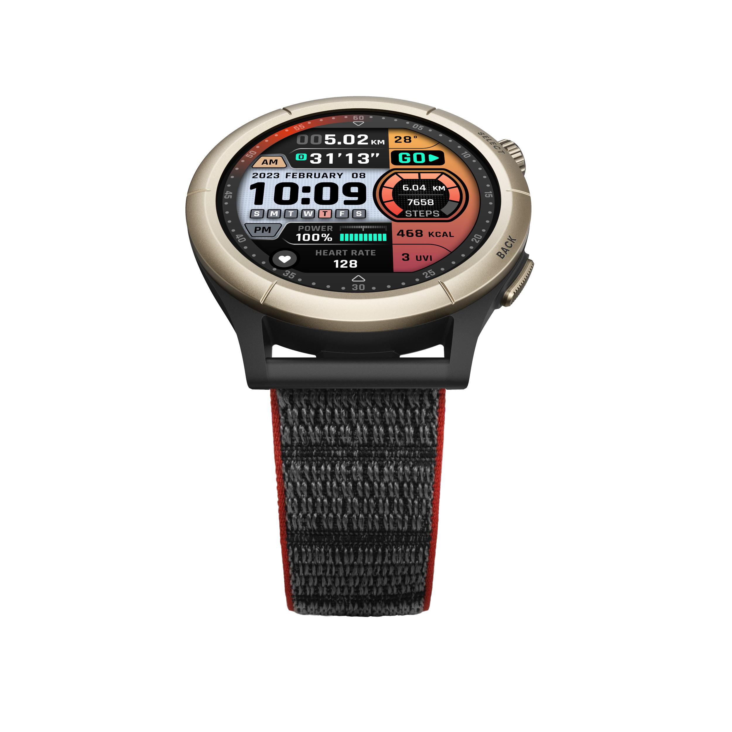 Eine Nahaufnahme einer Smartwatch. Das Zifferblatt zeigt Zeit, Datum, Herzfrequenz und Fitnessdaten an.