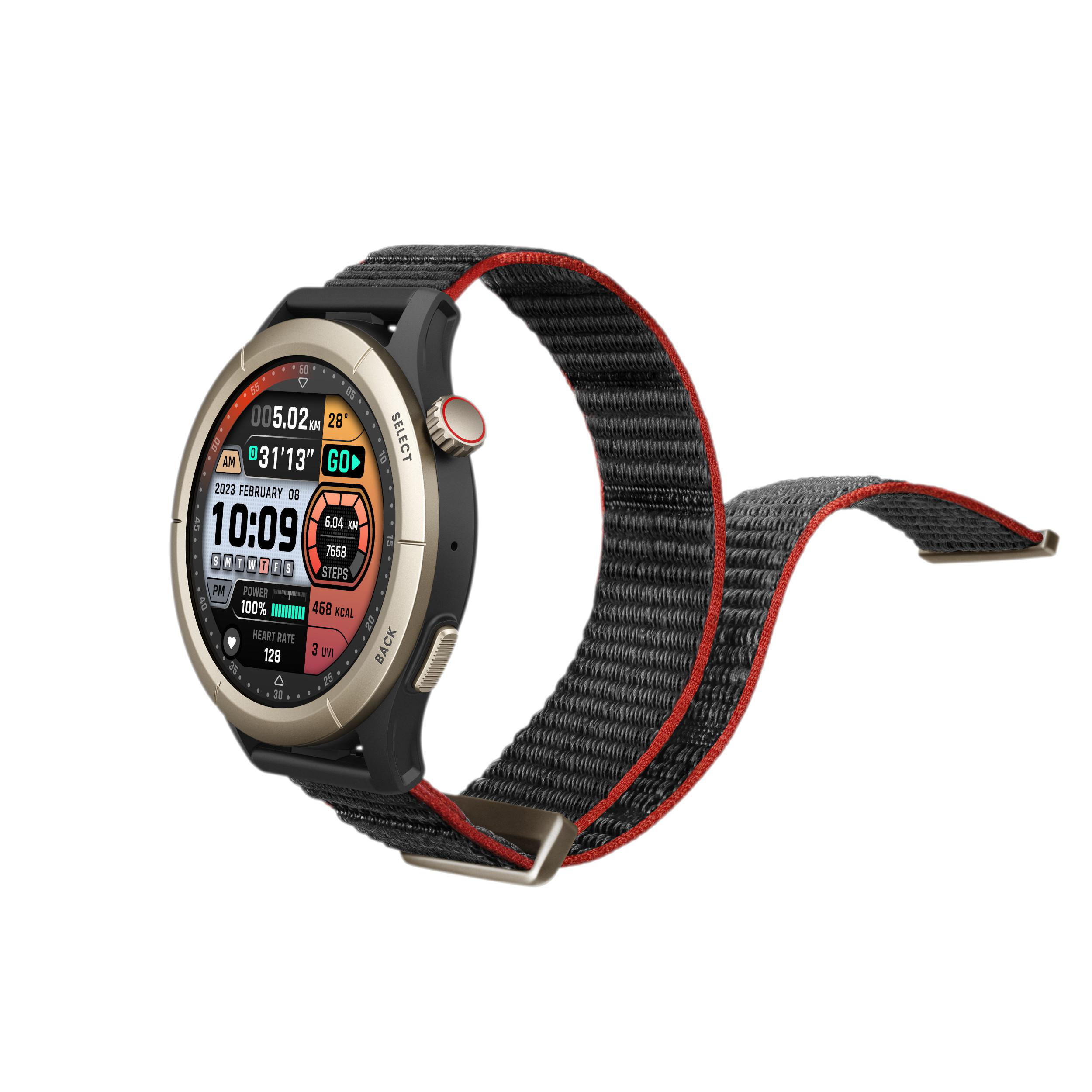 Eine schwarz-goldene Smartwatch mit schwarzem Armband, zeigt Zeit und Gesundheitsdaten an.