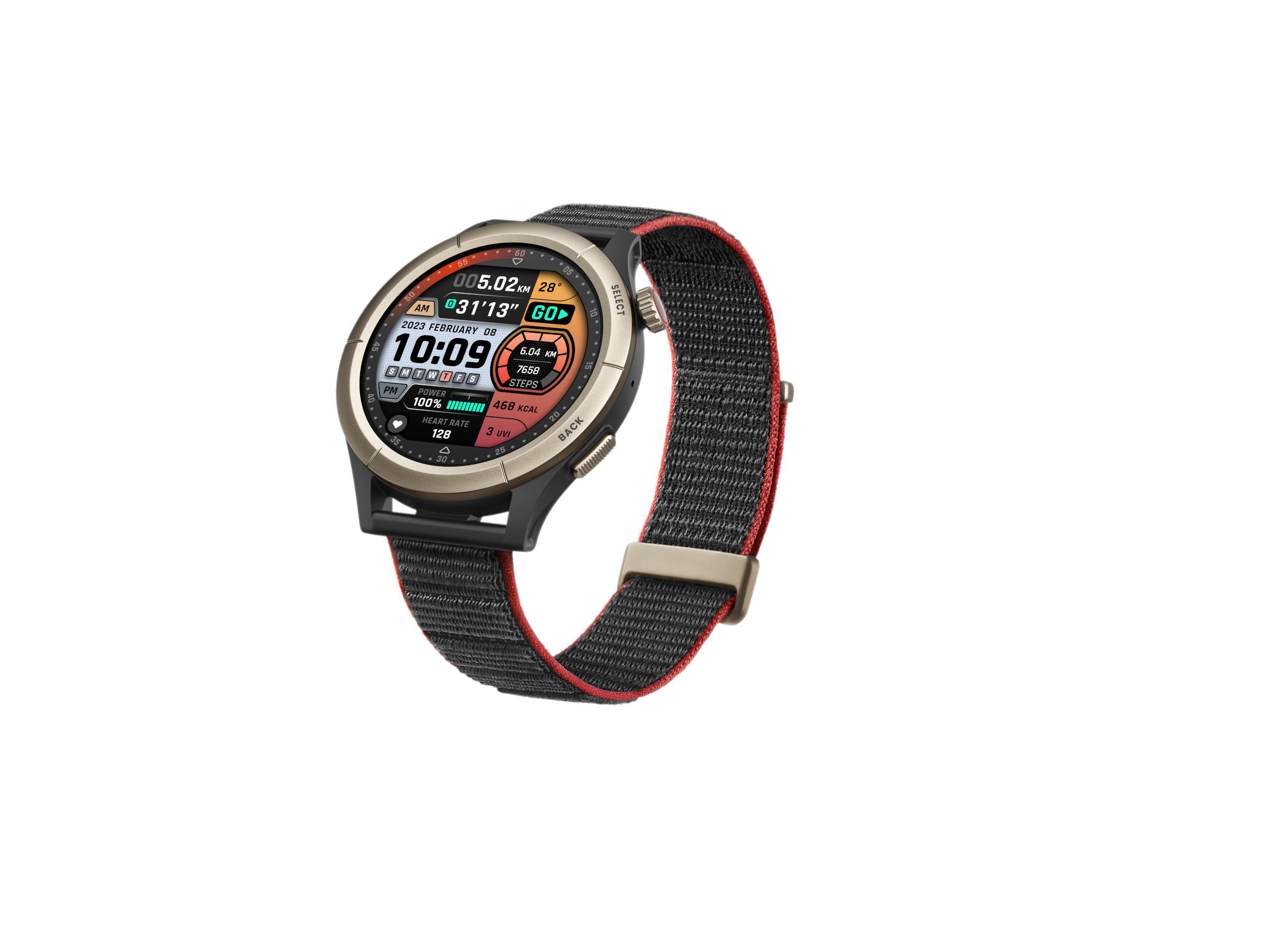 Smartwatch mit schwarzem und rotem Armband. Zeigt Zeit und Gesundheitsdaten an.