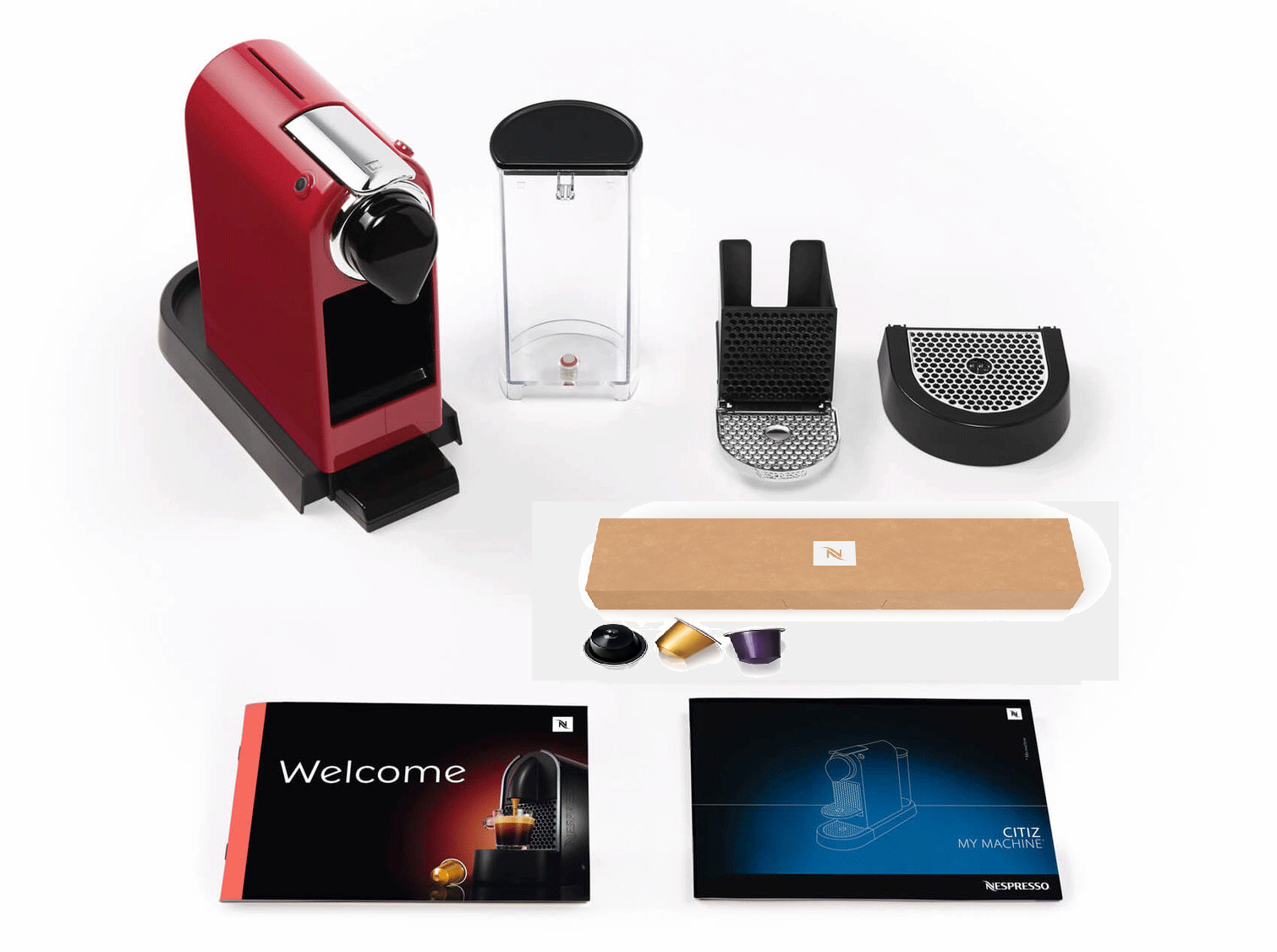 Machine à café Nespresso Citiz rouge avec accessoires comme capsules et manuels.