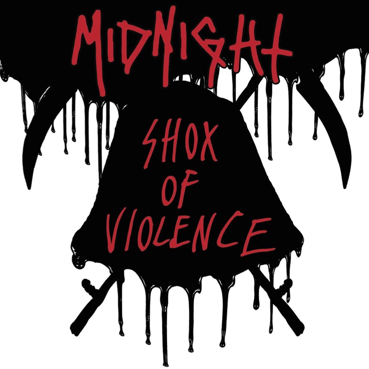 Schwarzes Artwork mit dem Text 'MIDNIGHT SHOX OF VIOLENCE' in Rot, mit Schädelform.