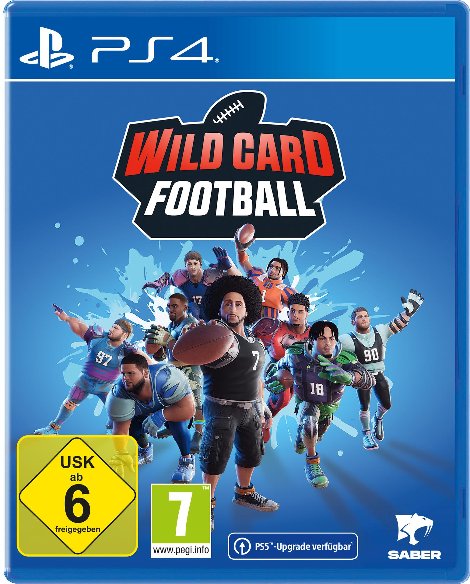 PS4-Spielbox für „Wild Card Football“. Footballspieler auf dem Cover. Blauer Hintergrund.