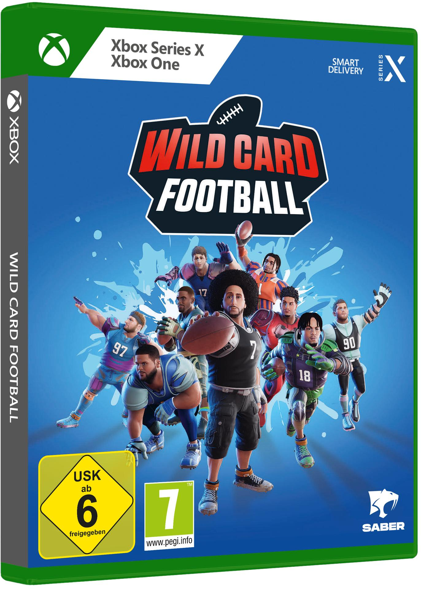Spielbox für Wild Card Football mit Footballspielern auf blauem Hintergrund.