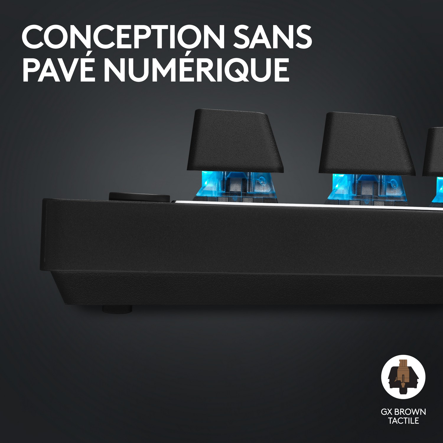 Gros plan sur un clavier noir. Lumières bleues entre les touches. Texte : GX BROWN TACTILE.