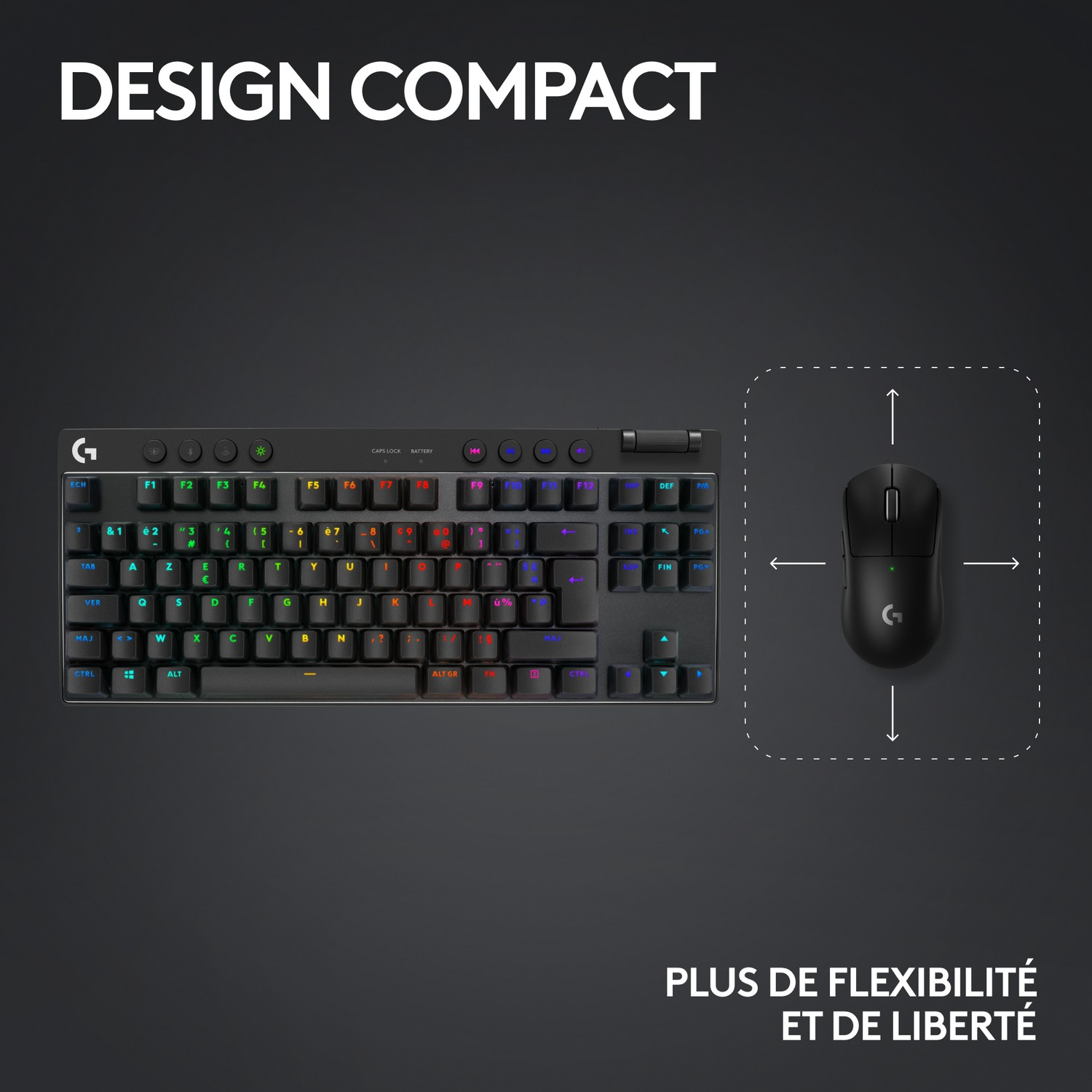 Clavier noir avec touches colorées, une souris noire et texte 'DESIGN COMPACT'.
