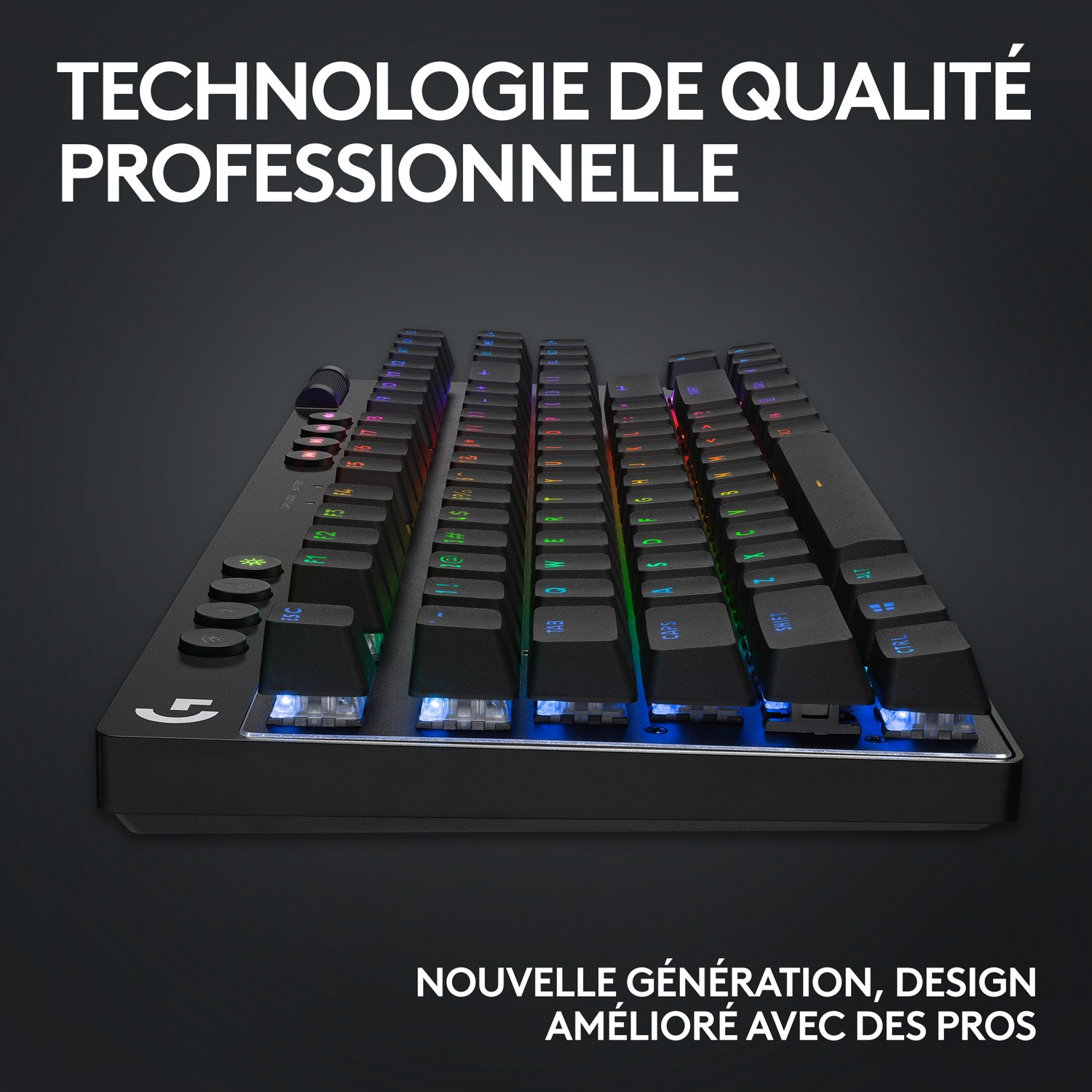 Clavier de jeu noir avec touches éclairées. Le texte indique une qualité professionnelle. Nouvelle génération, design amélioré.